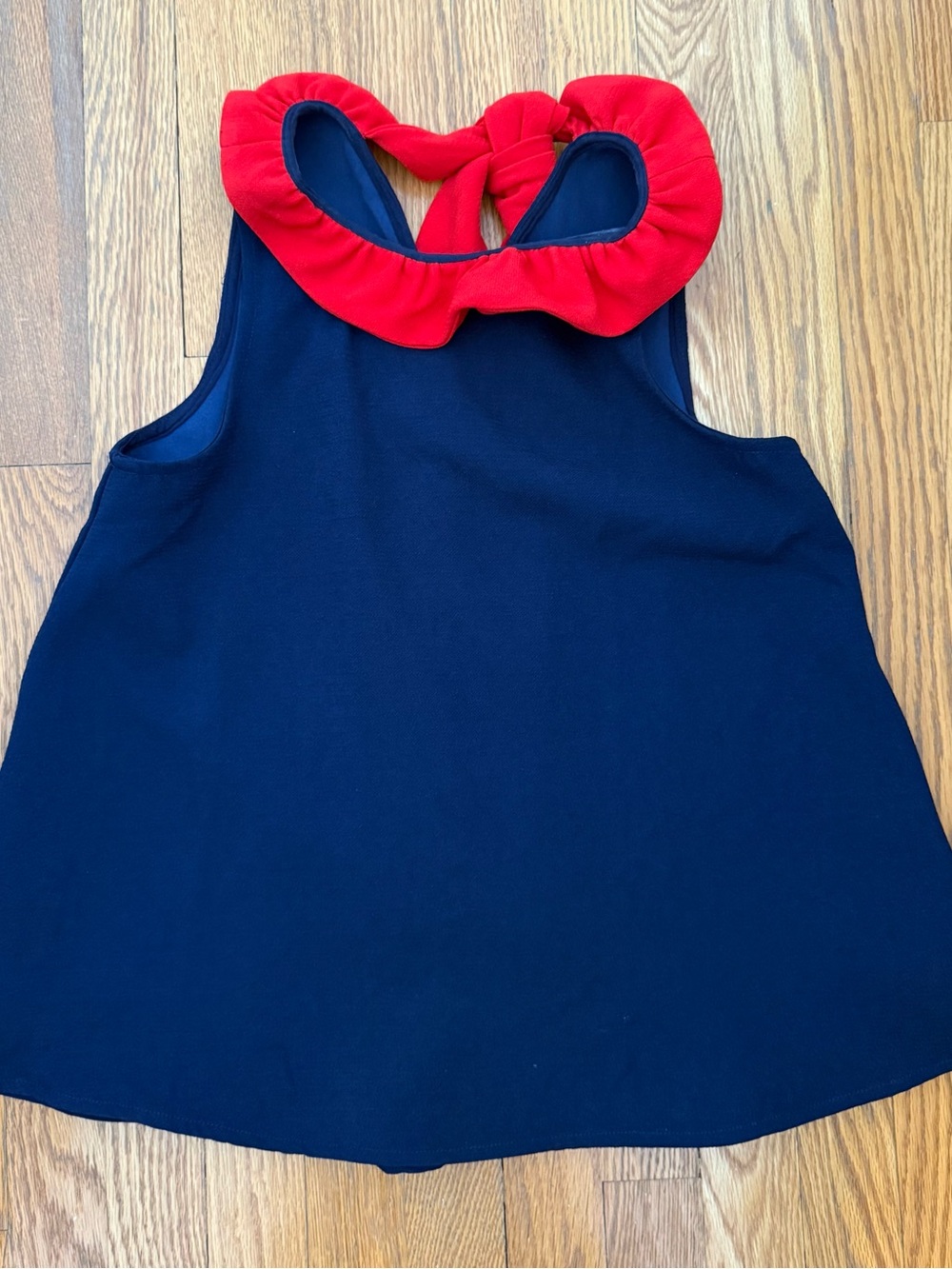 Pomander Place Navy Tank Top with Red Ruffle Collar